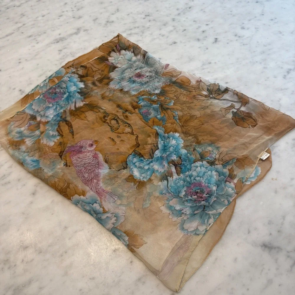 Vintage Style Chinoiserie Floral Bird Scarf Tan Blue Pink Sheer Gauze 19x60
